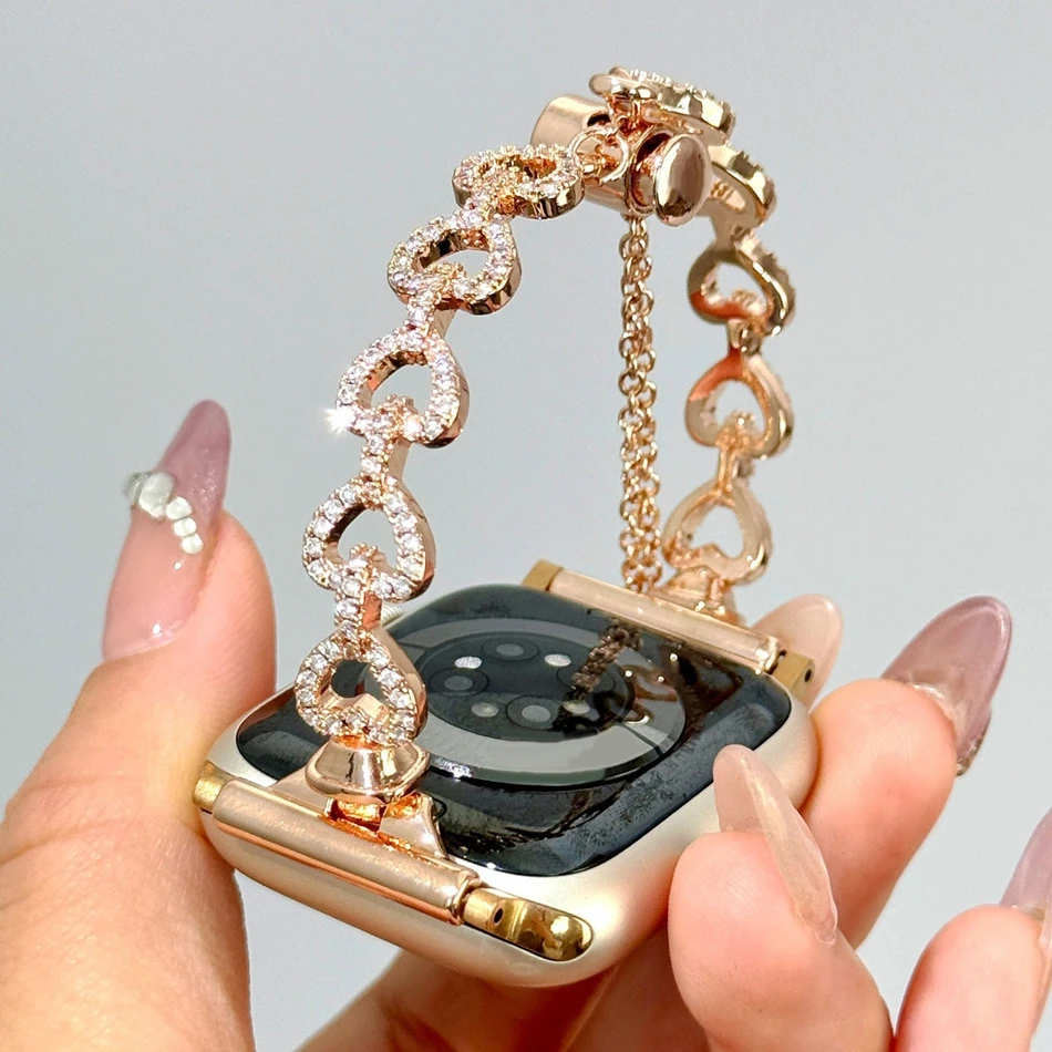 الفاخرة القلب الماس الإسورة حزام ل أبل iWatch سلسلة 10 9 8 7 6 5 4 SE الترا الفرقة 38/40/41/42/44/45/46/49 مللي متر سوار معدني
