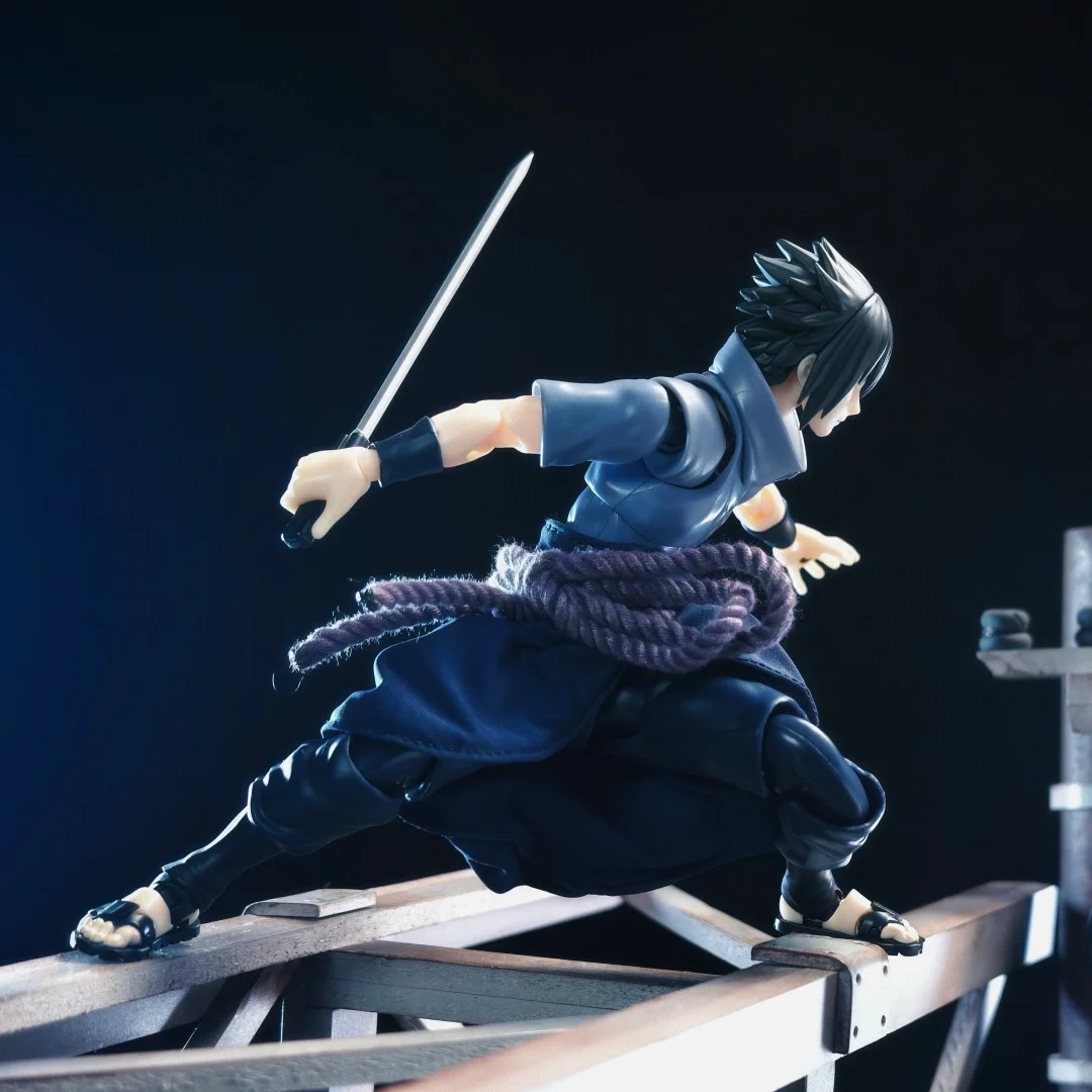 Traje de Falda Ninja Personalizado para Shfiguarts Uchiha Sasuke Naruto Shippuden Azul Oscuro con Cinturón de Cuerda Morado