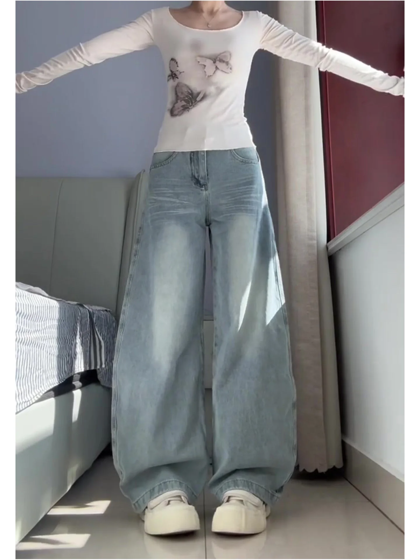 

High Waist Wide Leg Straight Jeans Women's Summer New Style Slimming Light Washed Vintage Denim Pants Casual Loose Fit
