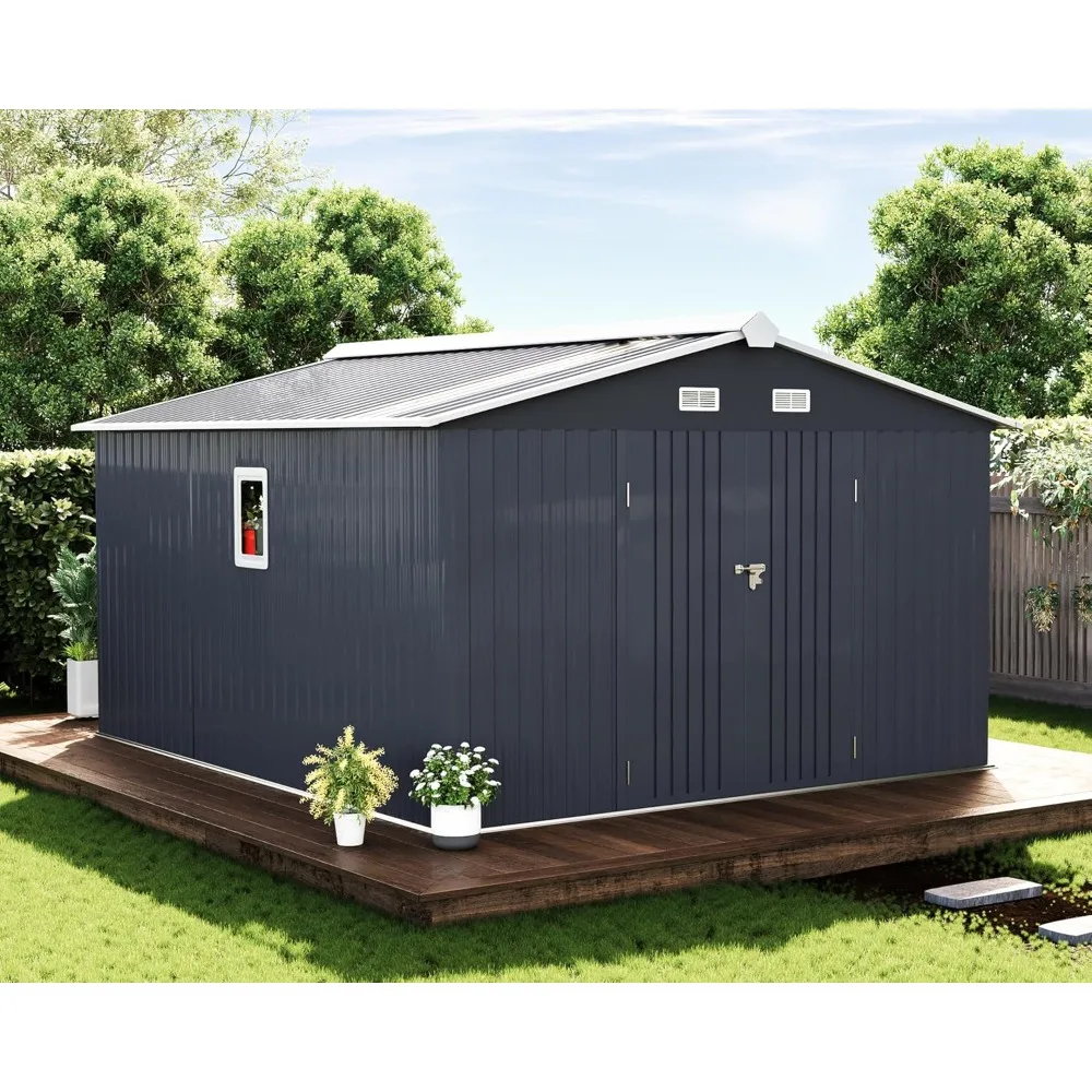 Outdoor Storage Shed 10x12x7.5 FT, Metal Shed with Double Doors, 4 Vents & 2 Clear Panels, Prefab Shed for Garden Backyard Lawn