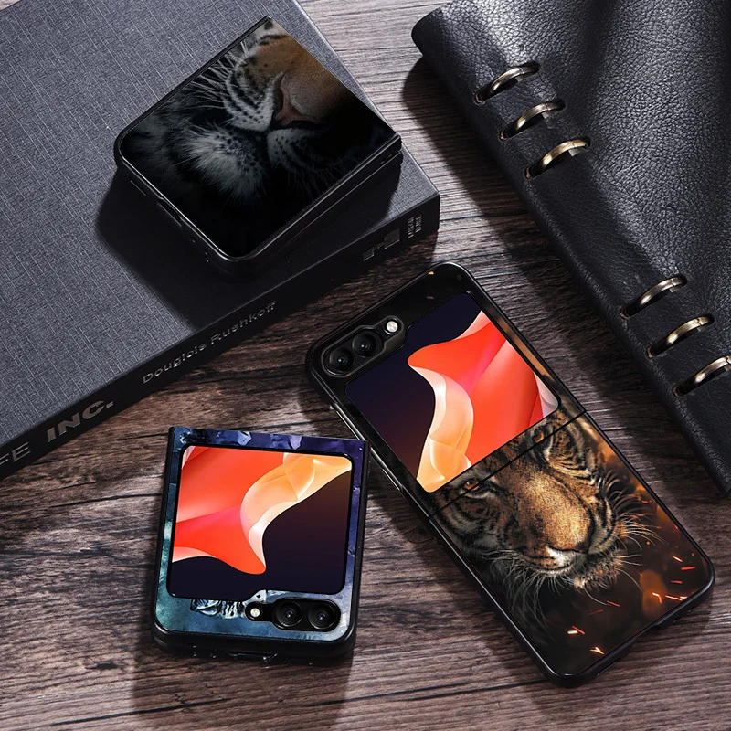 Black Matte Phone Case For Samsung Galaxy Z Flip6 Flip 6 5 4 3 Flip3 Flip4 Flip5 5G Color Cat Tiger Animal Hard Shell Cover image 4