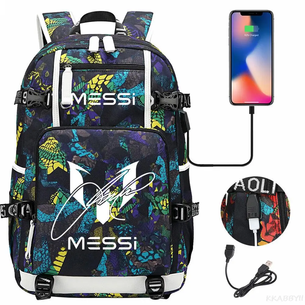 Messi USB Charging Backpack Schoolbag Travel Notebook Laptop Bags For Teens Students