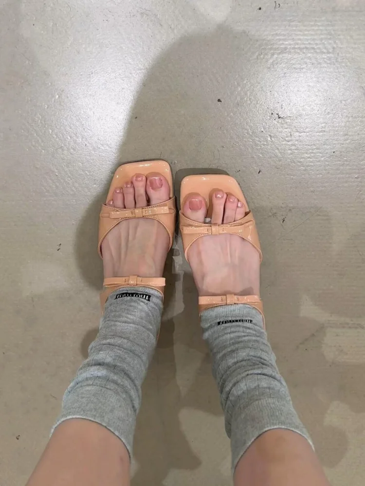 lamb-skin-sweet-style-knot-square-head-flat-sandals-women's-comfortable-inner-heightening-casual-summer-slippers