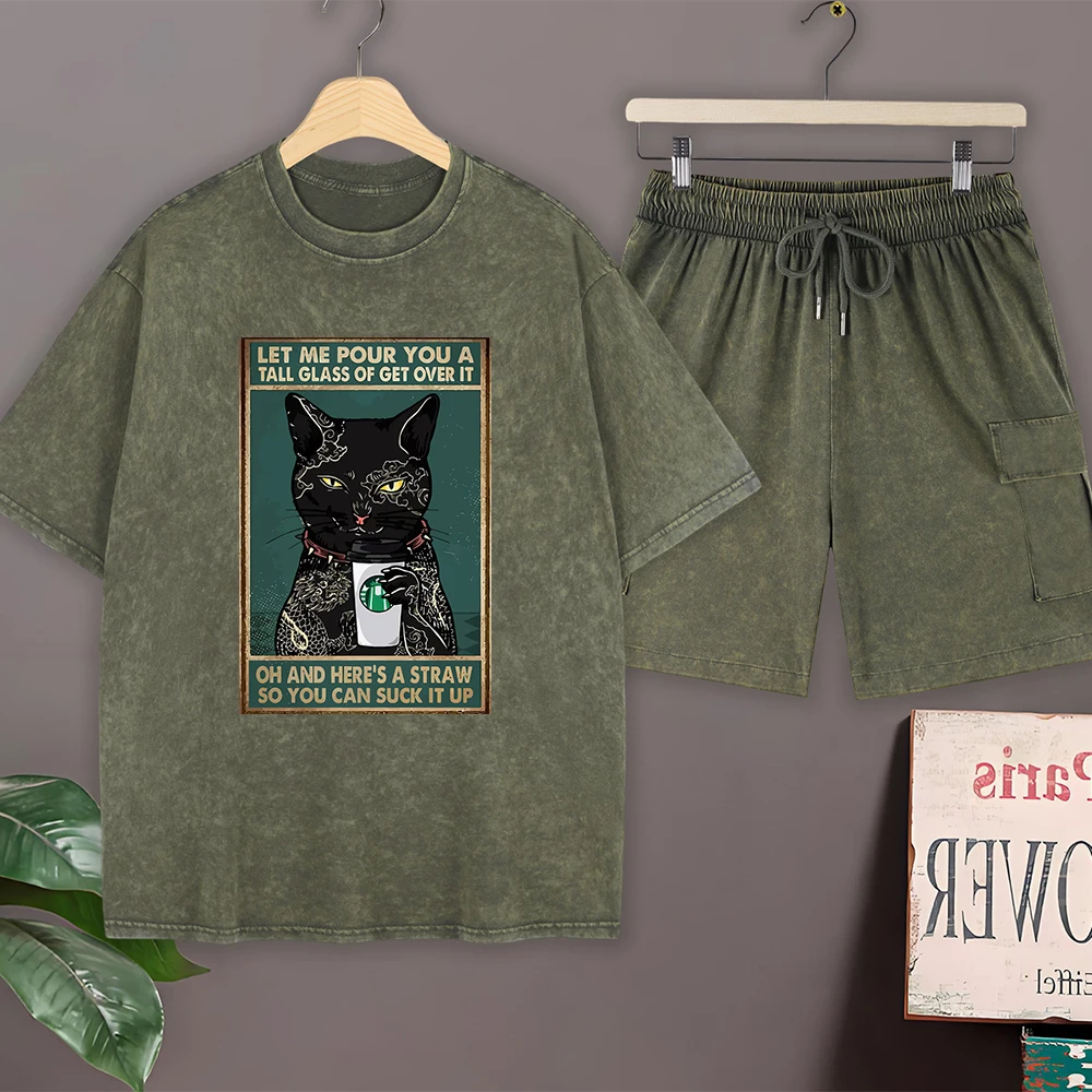 

Let Cat Four You A Tall Glass Cotton Washed T-Shirt Set Mens Summer Short Sleeve Tops Cargo Shorts O-Neck Oversize T Shirt Pants