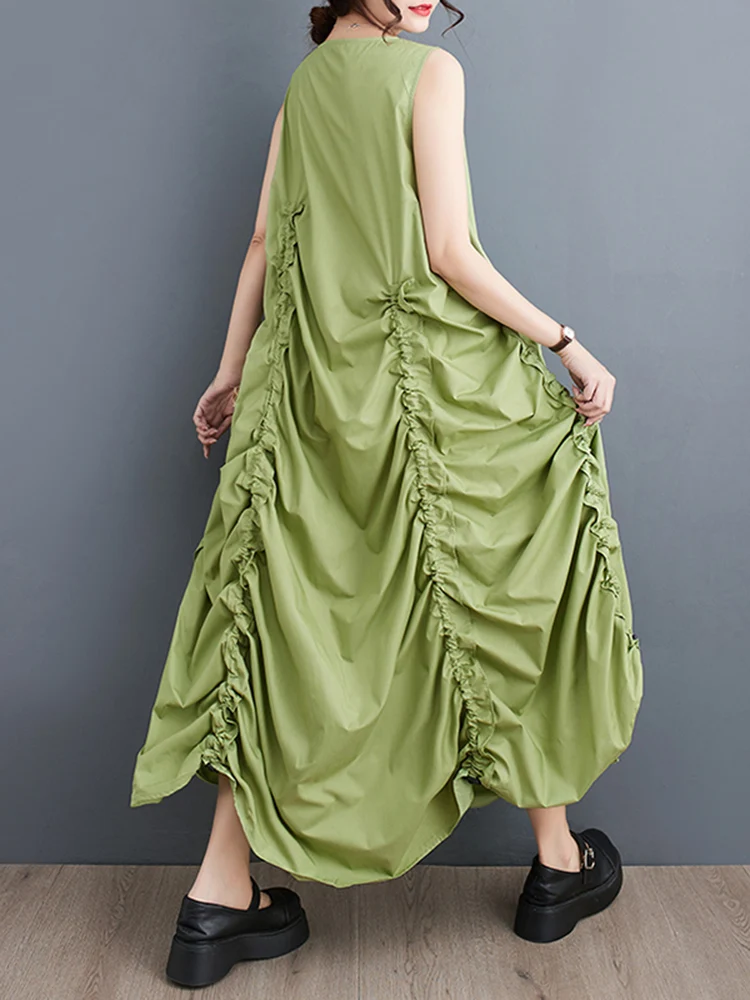 Green Vintage Irregular Shirring Dresses For Women New Sleeveless Loose Casual Long Dress Fashion Elegant Clothing Summer 2023