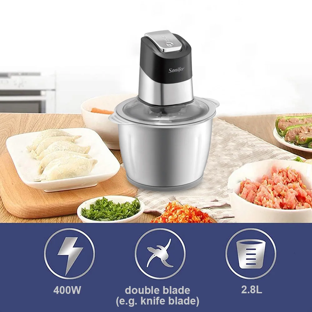 Food Chopper Sonifer SF-8135 400W 2.7L Stainless Steel Bowl Electric Meat Grinder Removable 4 Blades for Kitchen