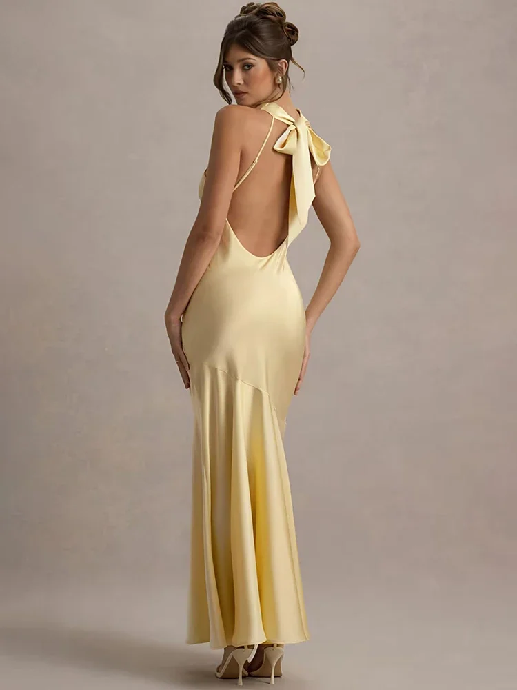 Cetim cowl pescoço sexy maxi vestido feminino moda elegante sem mangas sem costas plissado clube festa vestido longo feminino