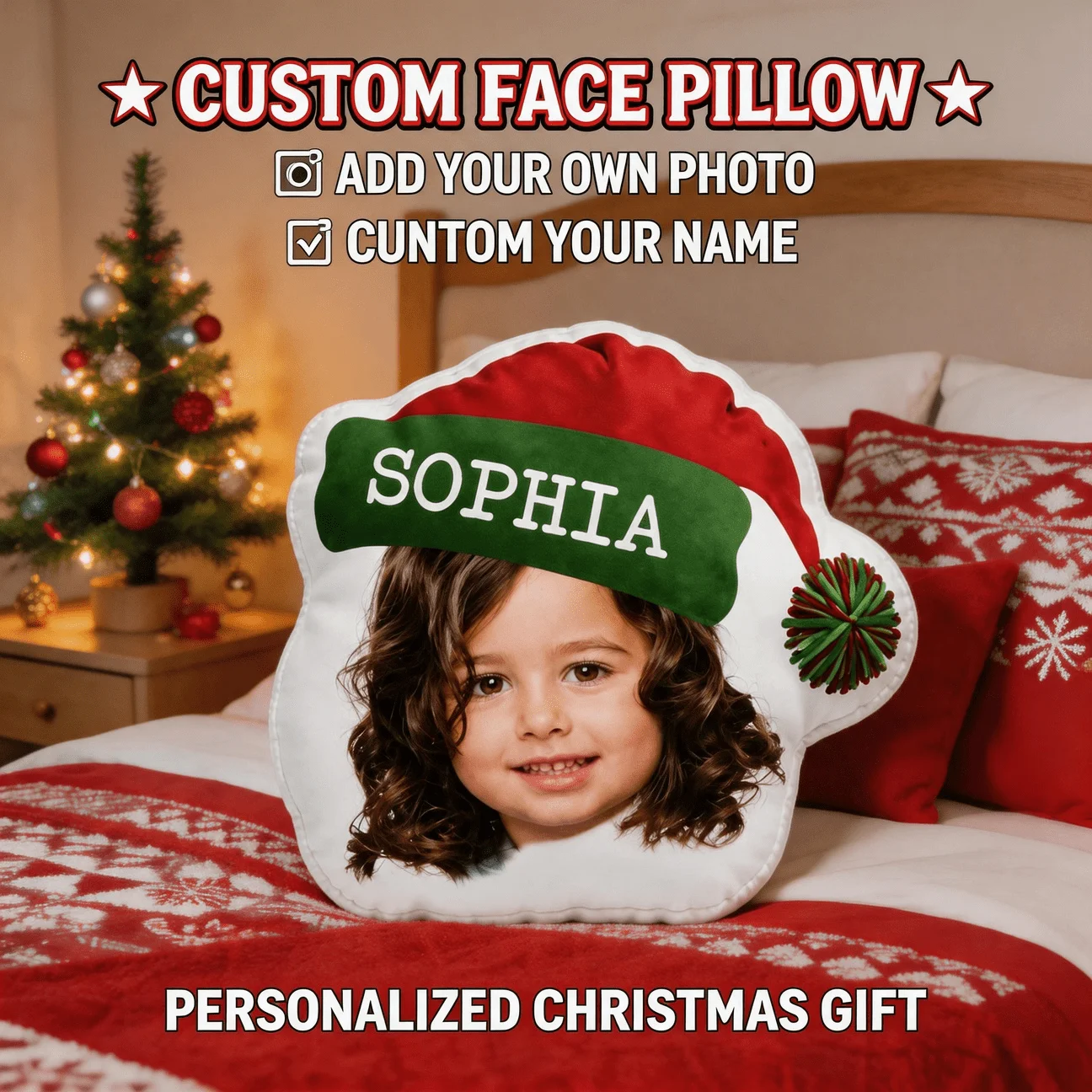 Customized personalized photo face pillow, holiday style customized decorative cushion, unique home decoration embellishment, su