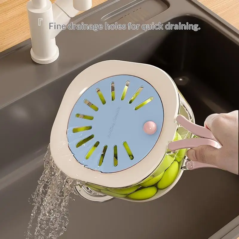 2-in-1 Double Layer Drain Basket Fruit Drainer Container With Foldable Handle Food Strainer Thickened Fruit Plate Easy To Clean