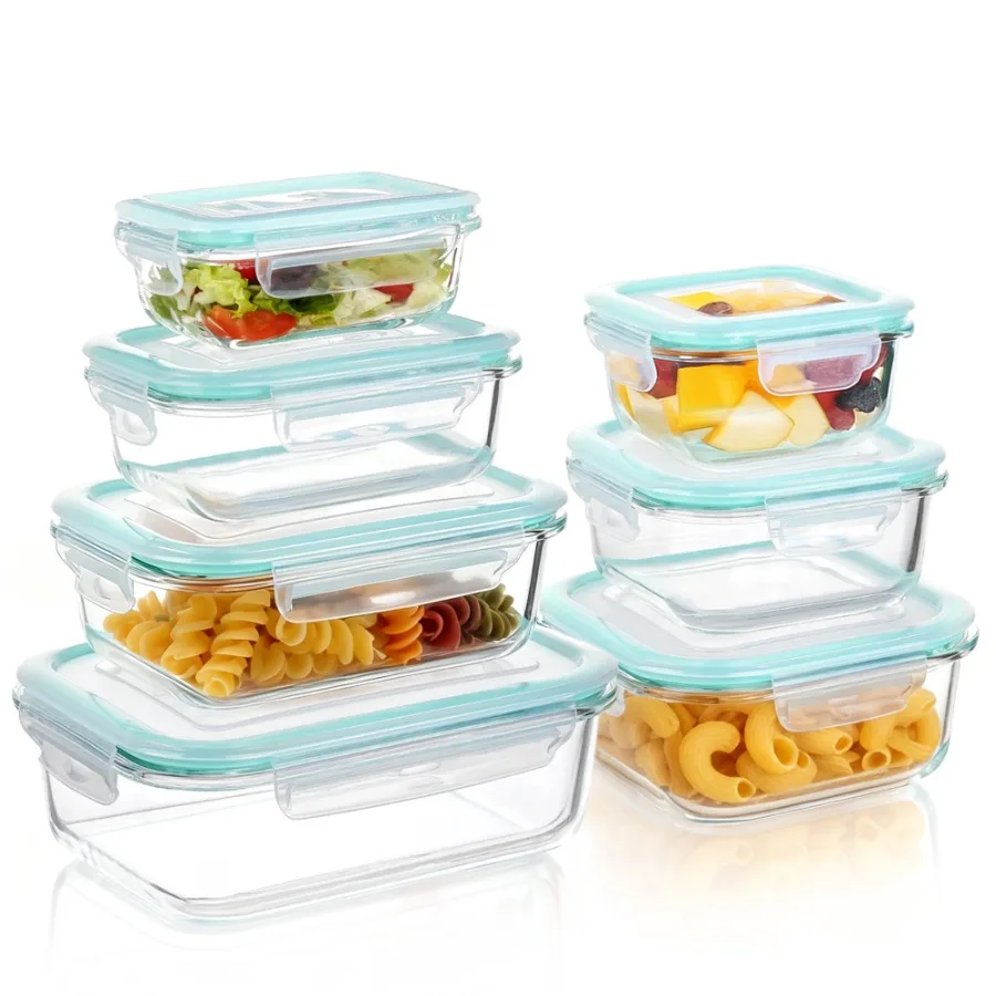 

Glass food storage containers with lids, 7-pack airtight meal prep set, clear tempered glass, microwave/oven/freezer/dishwasher