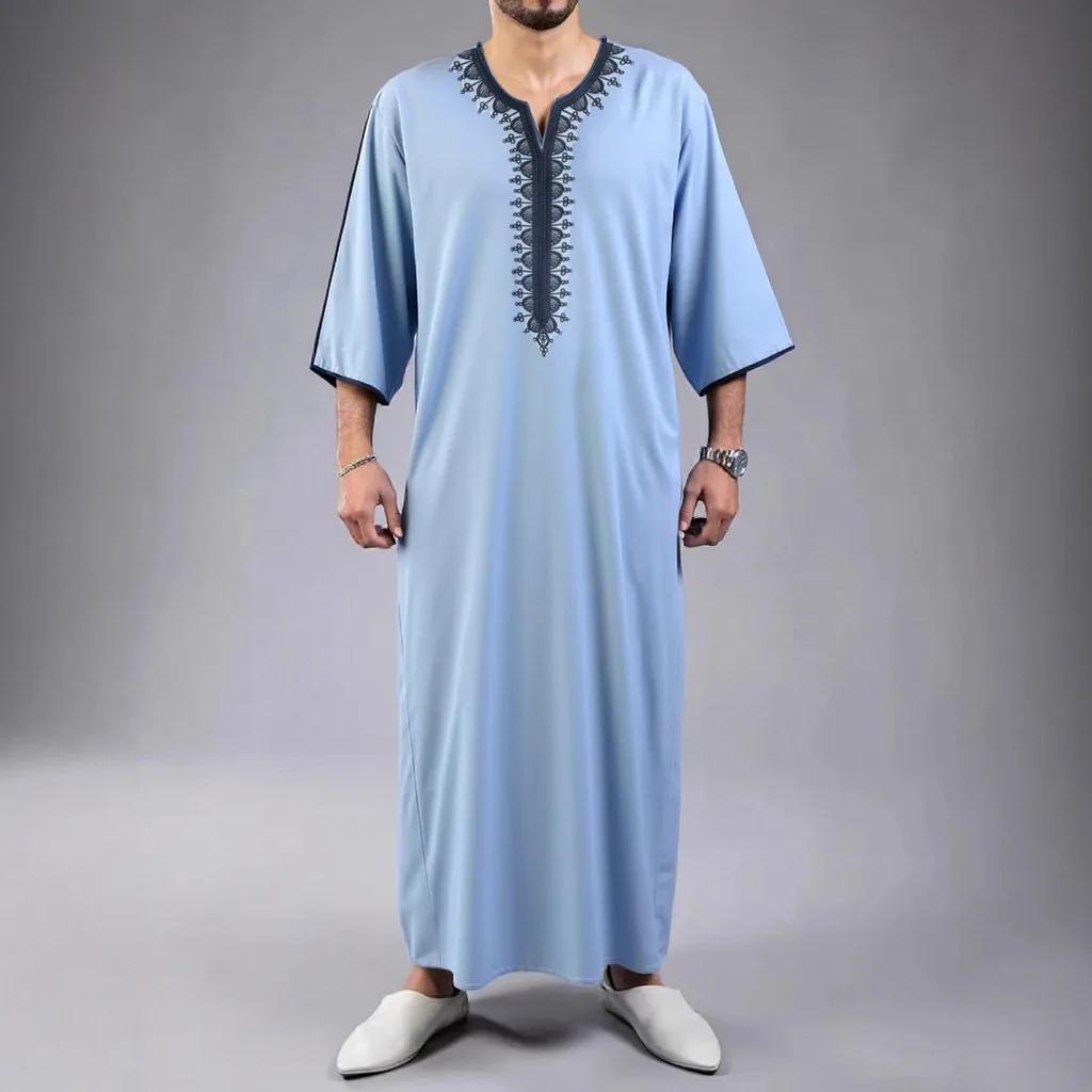 

Muslim Men Robe Moroccan V-Neck Embroidered Middle East Islamic Arab Thobe