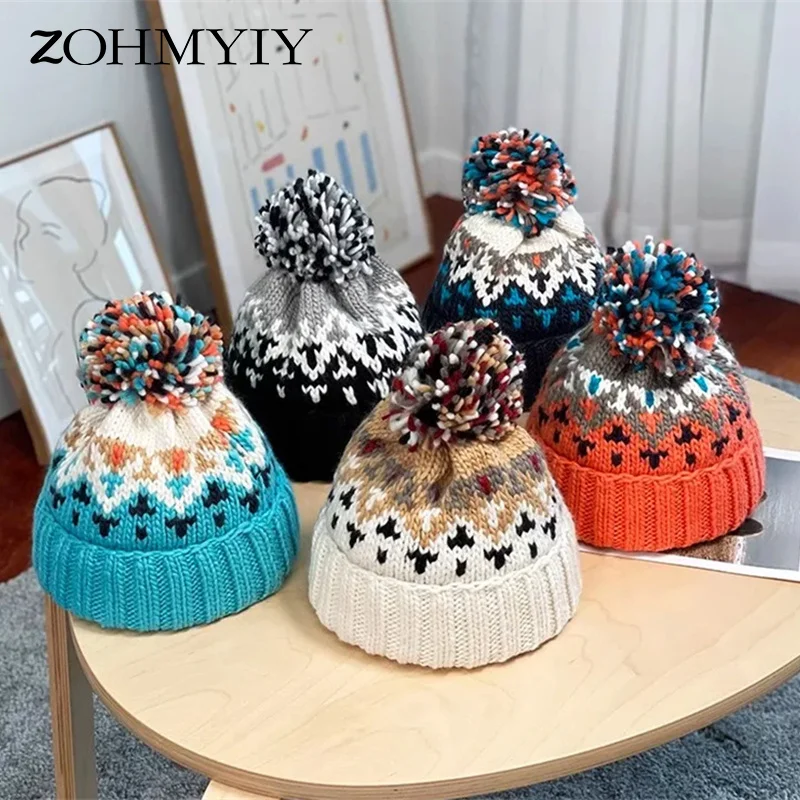 2024 Cute Print Embroidery Beanies Hats For Women Men Winter Wool Warm Fur Pompom Baggy Knit Hat Bonnet Caps