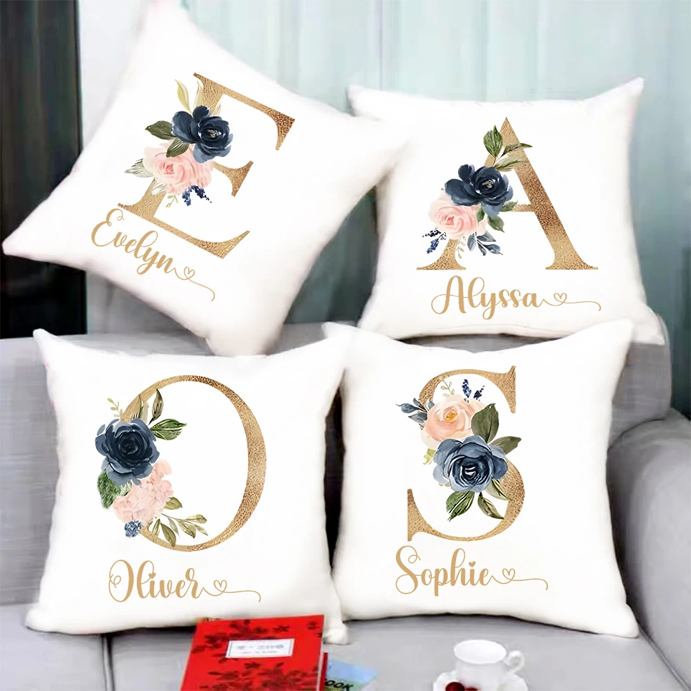 Personalised Pillowcase Letter Flower with Name Cushion Cover Decor Room Pillow Case Housewarming Birthday Wedding Gift for Her