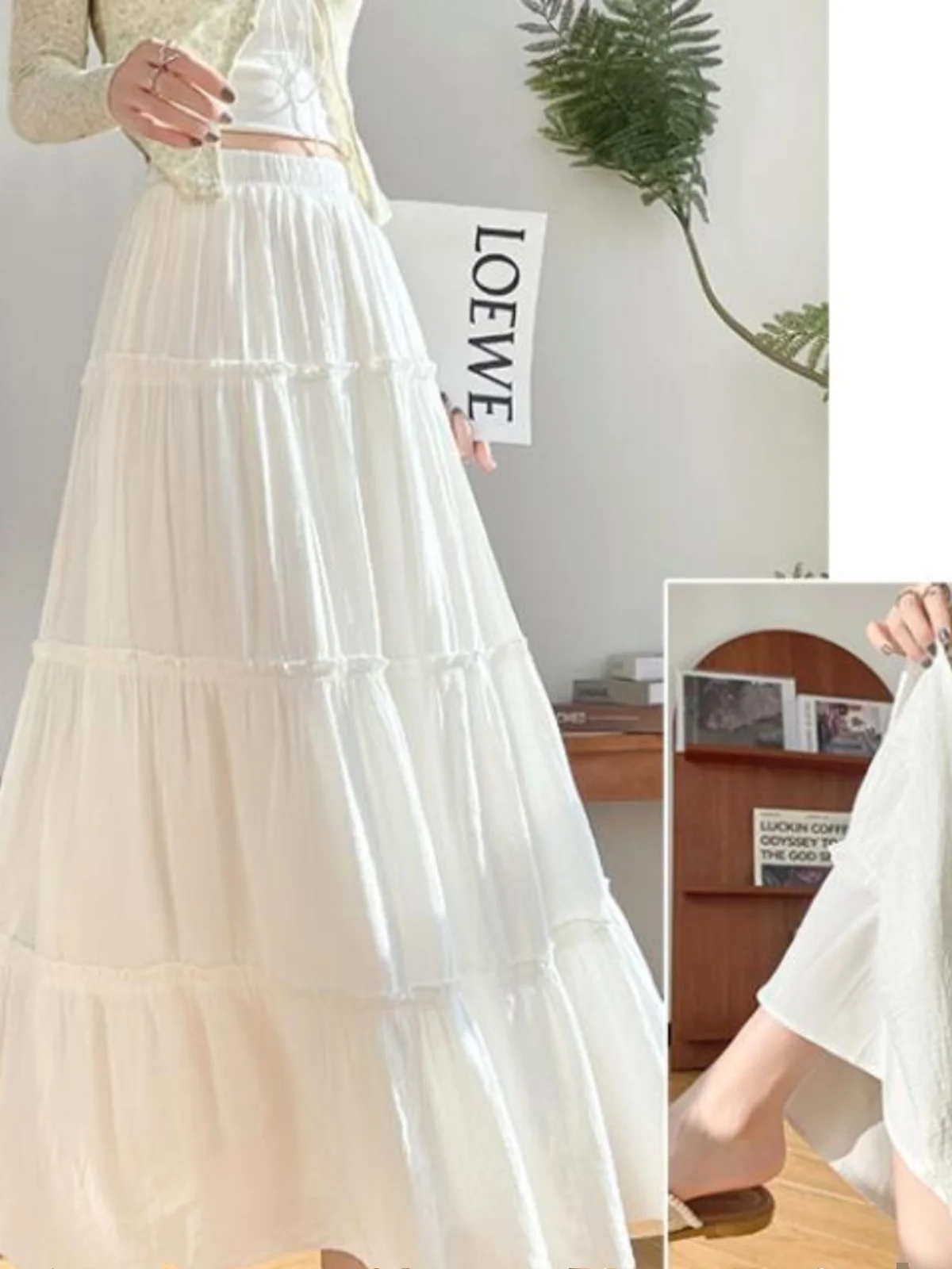 

Ele White Peach Blossom Ruffled Cake Skirt High Waist Midi A-Line Skirt for Women Polyester Fiber Pure Color Dr