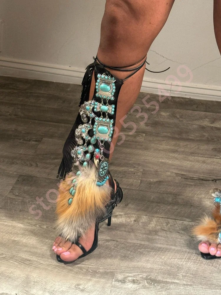 Sexy Women Turquoise Fur Wrap Sandals Summer New Fashion Luxury Catwalk Calf Boots 2025 Mixed Color Party Casual Open Stilettos view 6