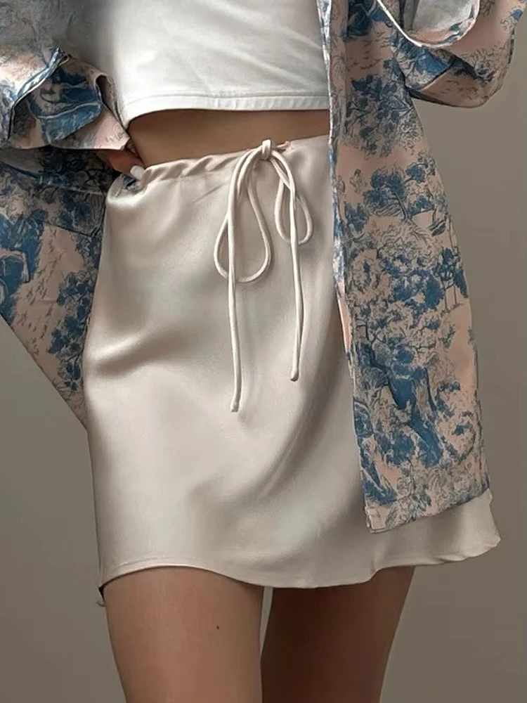 Satin Mini Skirts Women Summer Beige Silk Short Skirt for Woman Drawstring High Waist Black Satin Skirt A Line Women Short