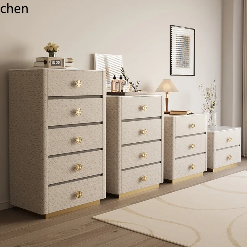 

TQH light luxury saddle leather chest cabinet storage locker modern solid wood drawer rock slab bedroom bedside cabinet