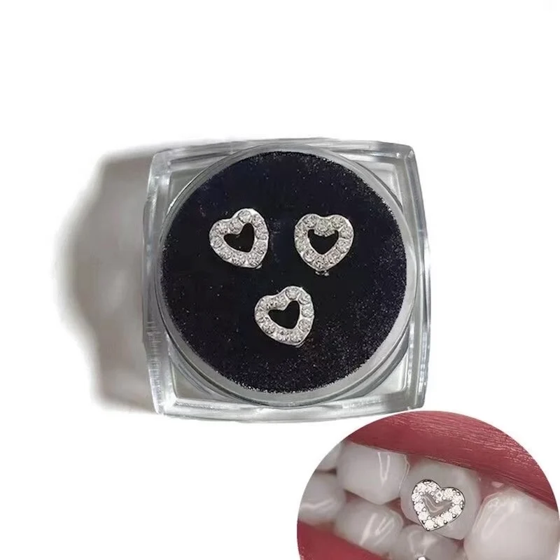 Shiny Silver Metal Tooth Gems Star Cross Heart Rhinestones Hollow Thin Sheet Design Dental Teeth Jewelry Decoration Ornament
