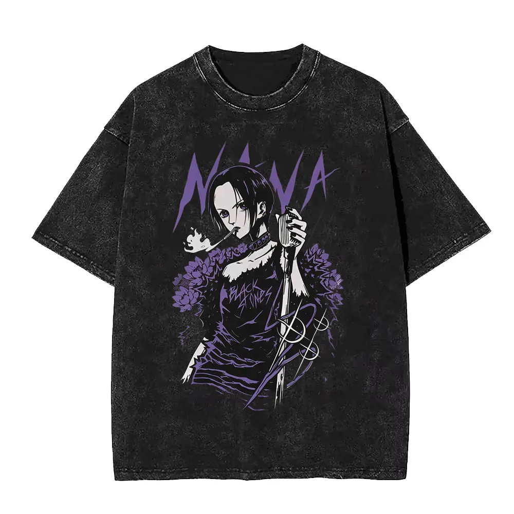 Washed Vintage Anime Black Stones Nana T-shirt Men's Women Clothing Manga Y2k Gothic Rock T-shirts Unisex 90s Oversized T Shirts