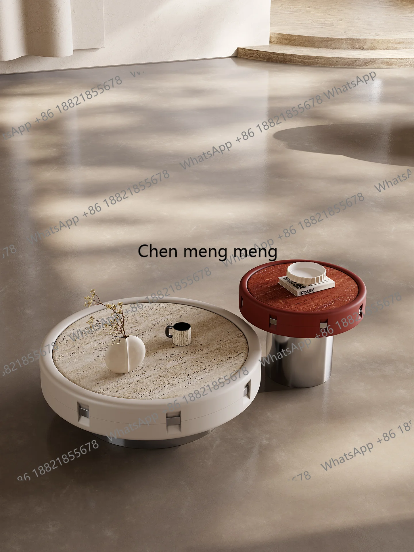

Italian round natural yellow travertine stainless steel coffee table modern living room coffee table combination