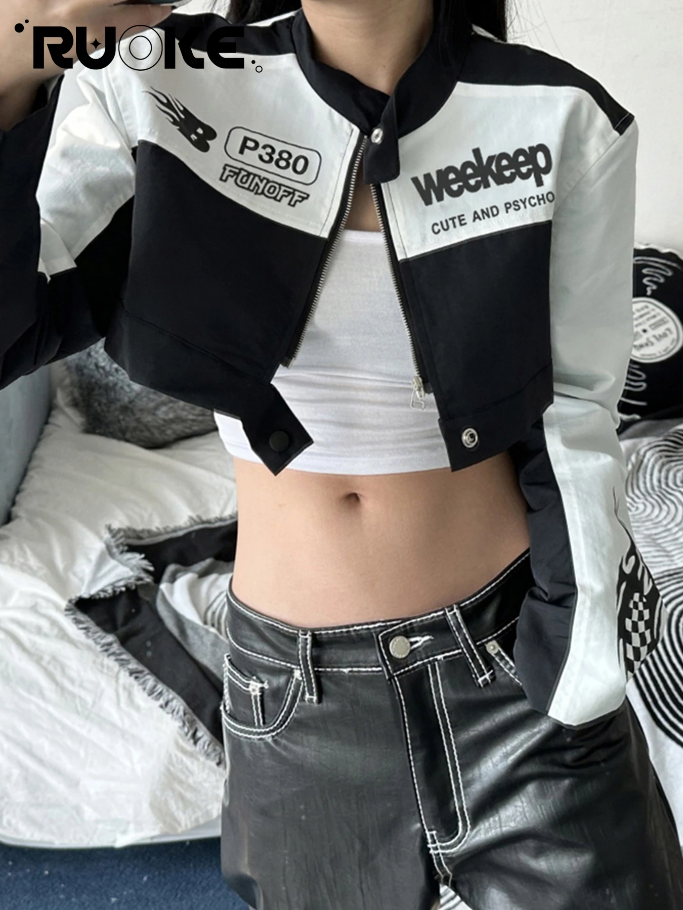 

Moto Style Contrast Color Letter Printed Zipper Jacket Streetwear Stand Collar Long Sleeve Short Coats Spring Fall Women Clothes