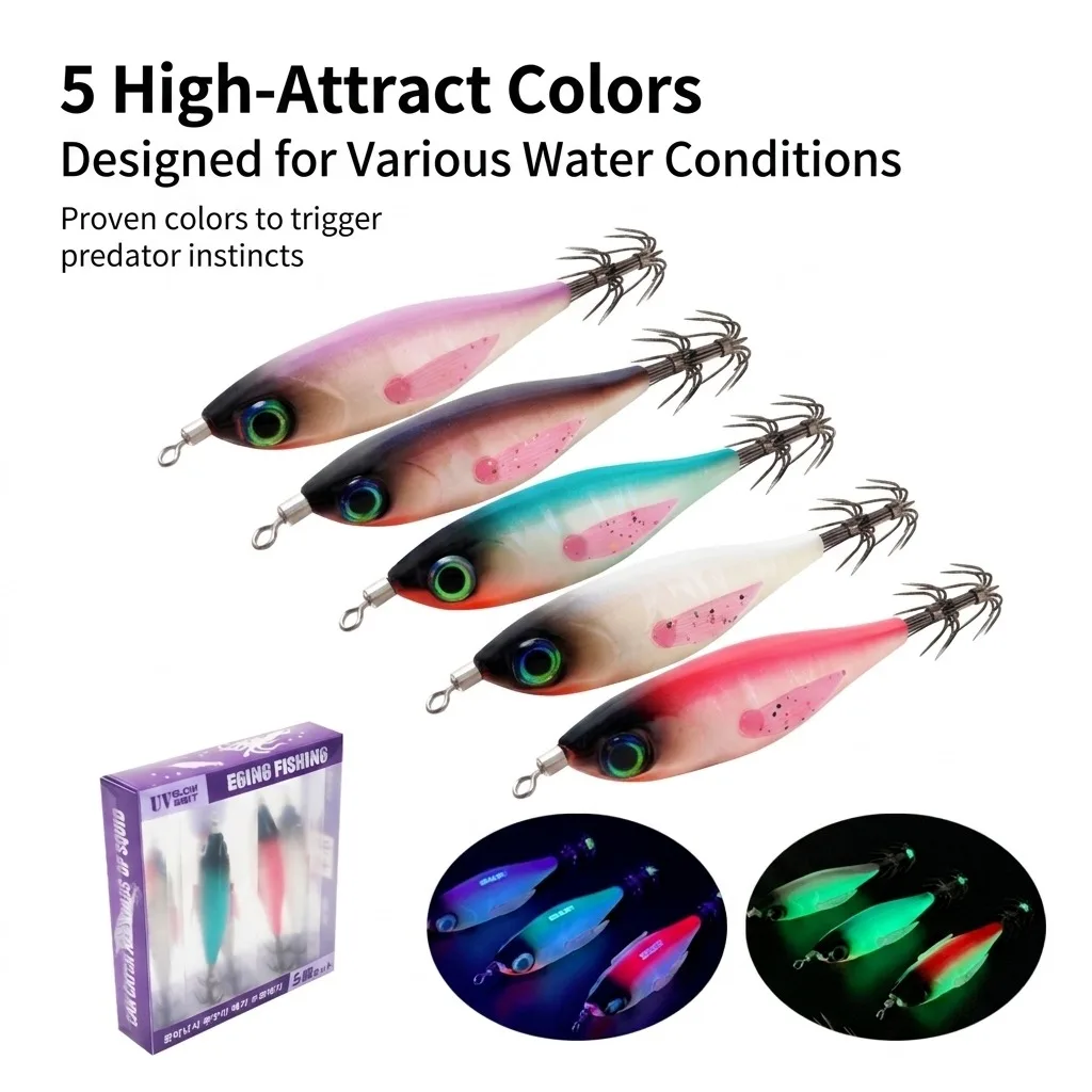 5pcs Luminous UV Horizontal Squid Shrimp Lures 5g Rattle Squid Jigs Double Layer Hooks Saltwater Night Fishing Tackle