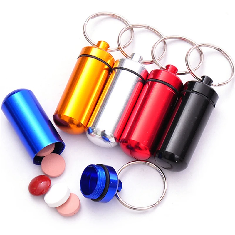 

Mini Aluminum Alloy Medicine Can with Keychain Portable Waterproof Medicine Box Medicine Dispenser Pill Shaped Outdoor Tools TMZ