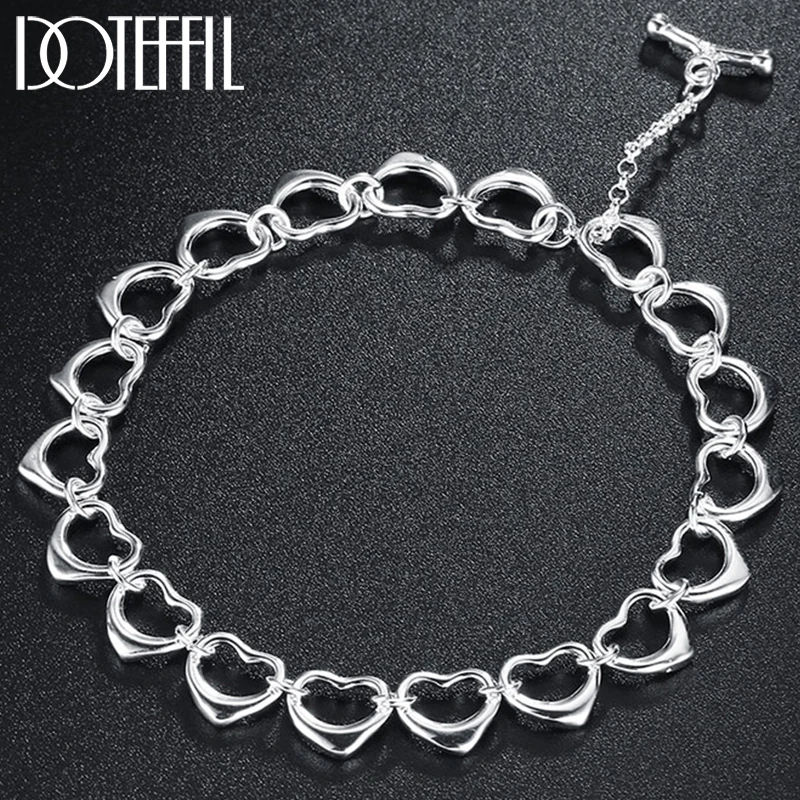 DOTEFFIL 925 Sterling Silver 18K Gold Solid Full Heart Chain Bracelet For Women Man Wedding Engagement Party Charm Jewelry