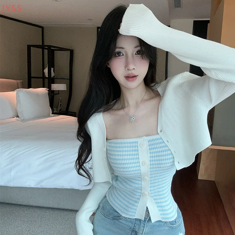 

Women Casual Chic Striped Buttoned Sleeveless Top Long Sleeve Cropped Cardigan