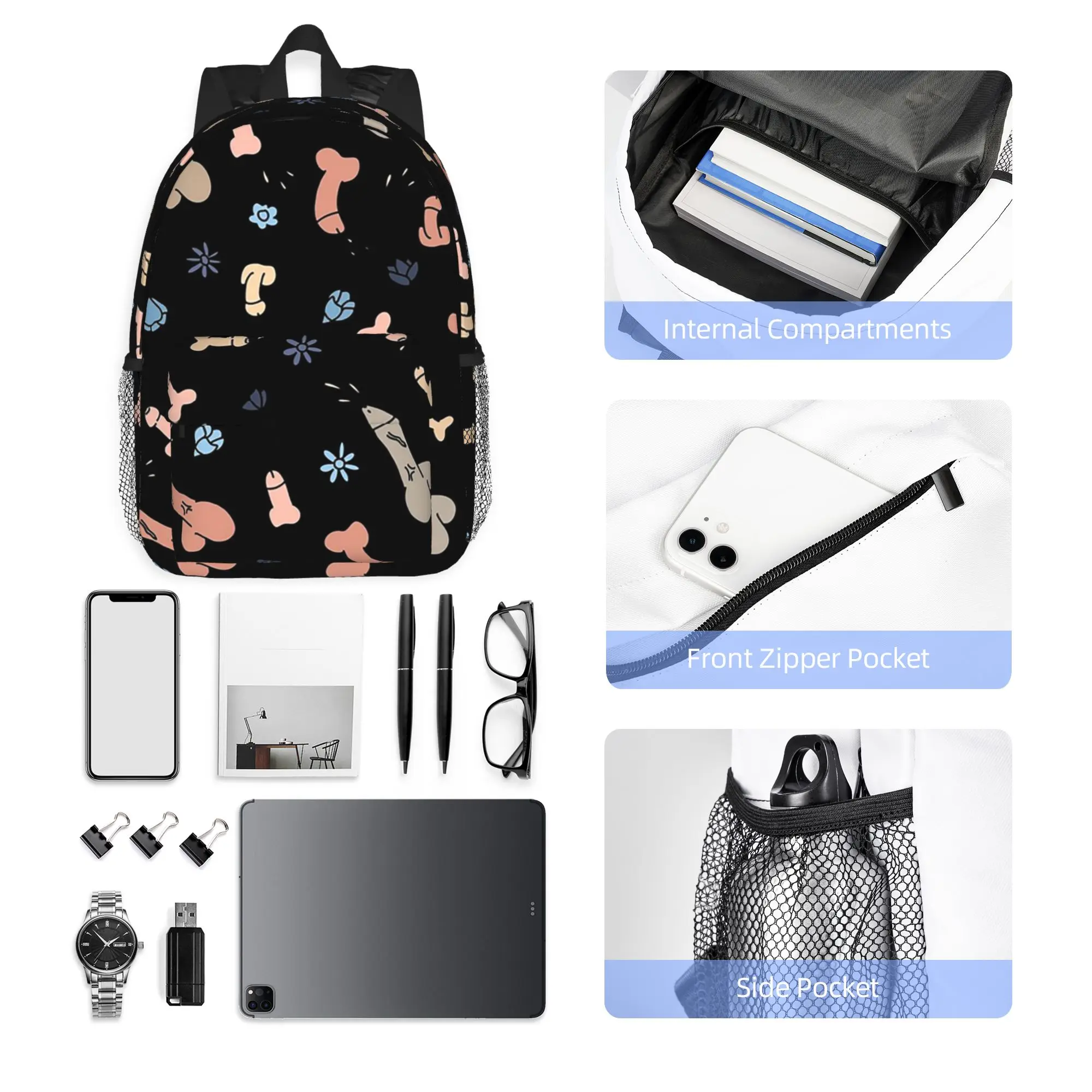 Pastel Penis Dick And Flowers Pattern Backpack Hot Sale Daypack Boys Girls BookBag Shoulder Bags for Men Women School Bag