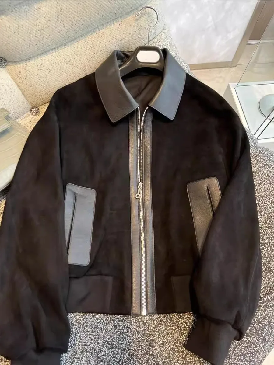 Faionable Bla Spliced Leather Velvet ort Jaet Loose Casual Leisure Turn-down Collar Coat for Men And Women Spring Autumn