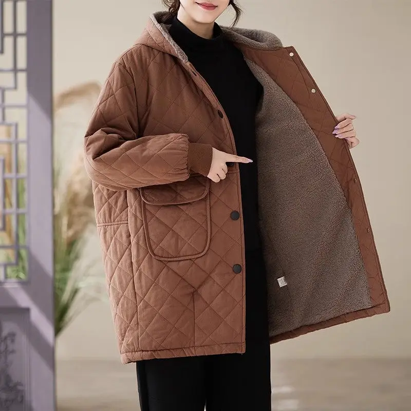 2024 New Winter Art Retro Cotton Jacket With Thickened Women Hooded Quilted Warm Lamb Fleece Medium Length Coat Outerwear a243