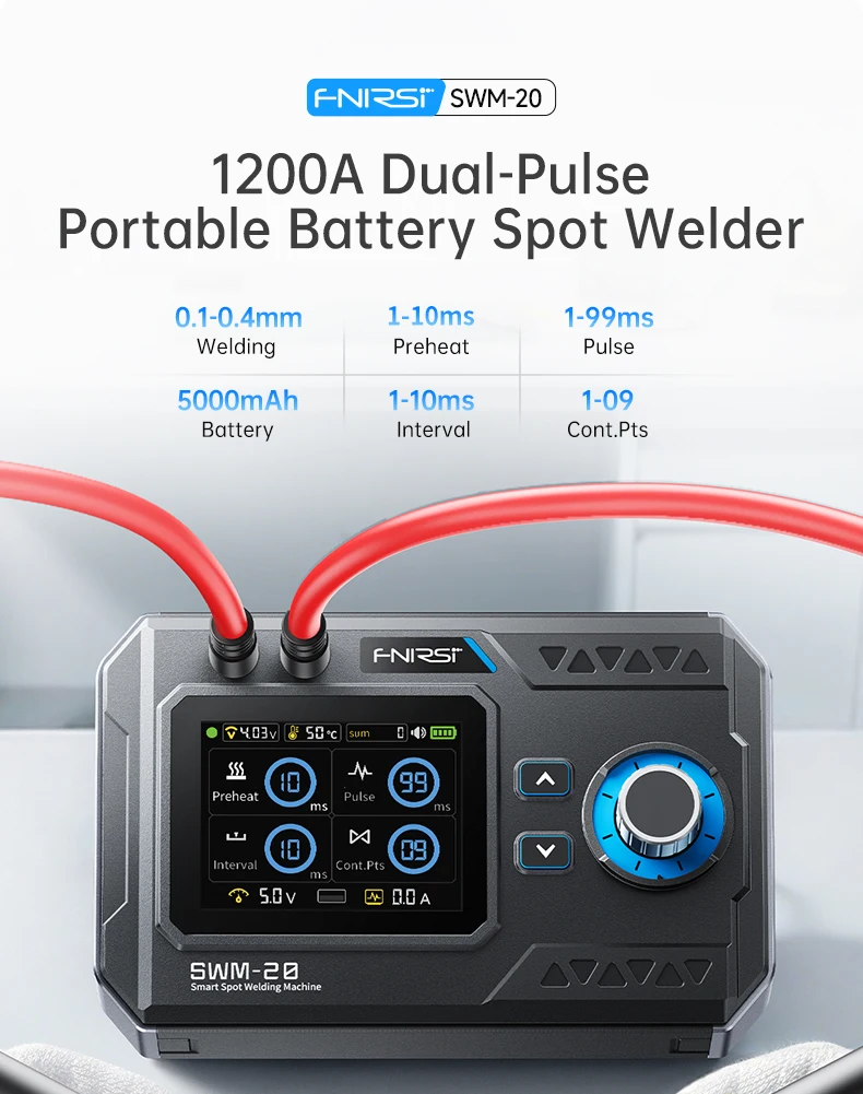 FNIRSI SWM-20 Tragbares DIY-Batteriewerkzeug, Doppelpuls 1200A Ausgang, 0,1-0,5mm Nickelblech, 5000mAh Powerbank-Funktion, Typ-C – Detail 5