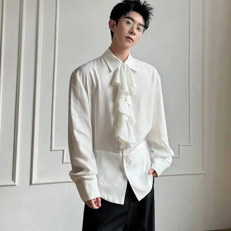 Romantic Men's Shirt Ruffle Frill Detail Asymmetric Hem Long Sleeve Oversized Fit Vintage Detachable Collar Blouse 9XM06L