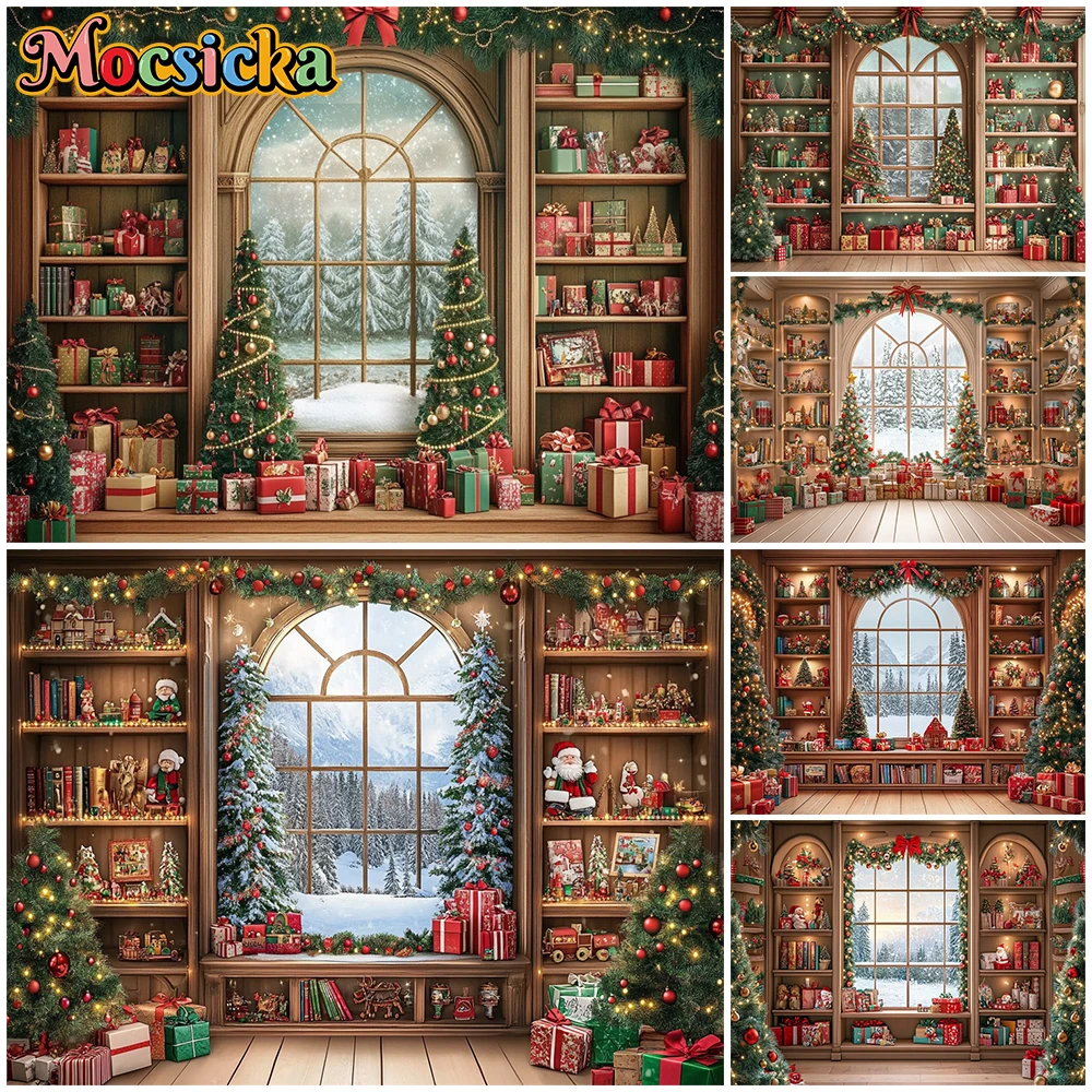 

Mocsicka Little Christmas Tree Photography Backdrop Family Child Photo Backgrounds Toy Bookshelf Window Forest Snow Decor Banner