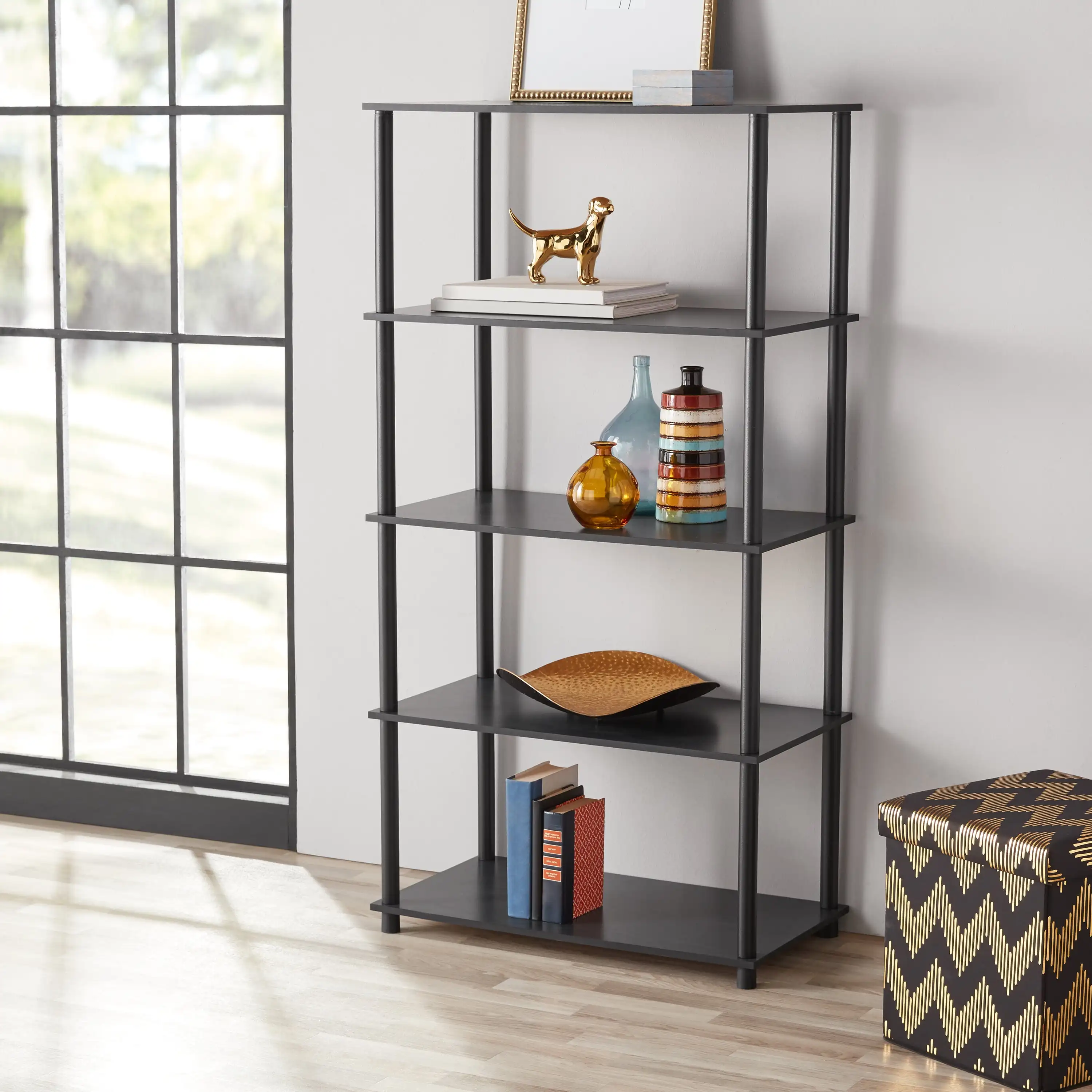 No Tools 5-Shelf Storage Bookcase, True Black Oak