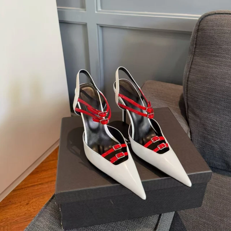 2026 Spring/Summer New Pointed Toe Double Buckle Women's Stiletto Sandals Casual Fashion Women's Open Heel Dress Luxury Sandals