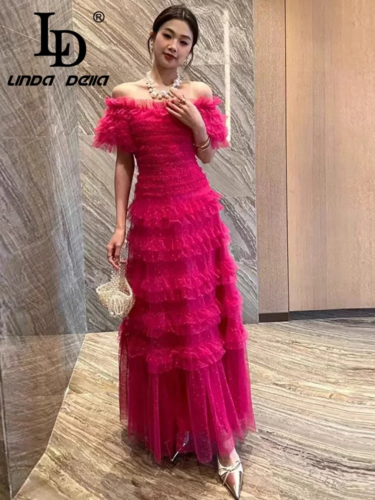 Ld linda dell rosa malha vermelha renda fora do ombro jantar festa sexy em camadas plissado preto fungo borda vestido elegante