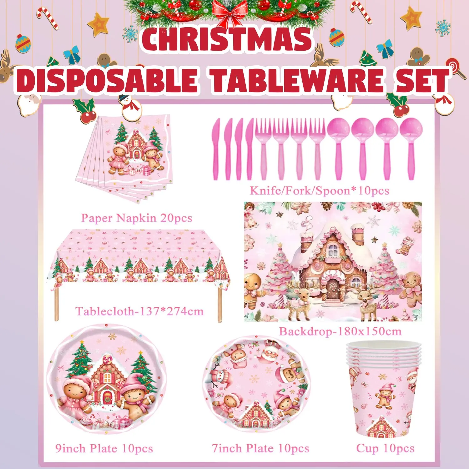 

Pink Merry Christmas Party Supplies Disposable Tableware Balloon Plate Napkin Christmas Gingerbread Backdrops Photo Accessories