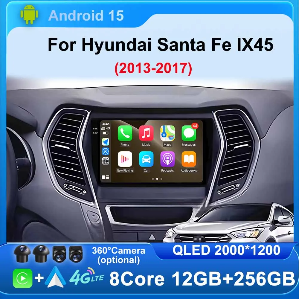 

For Hyundai Santa Fe IX45 2013 - 2017 Android 15 Car Radio Navigation GPS Multimedia Player DSP Stereo video Carplay WiFi+4G