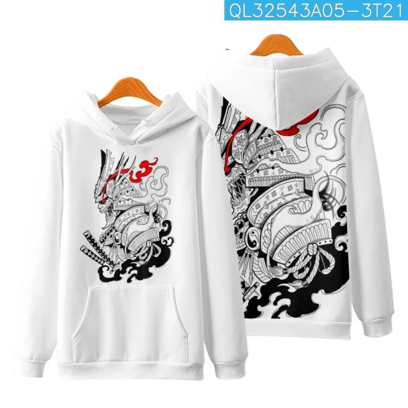 

Cartoon Japan Samurai Printed White Long Sleeve Pullover Hoodies Casual Men Women Sweatshirt Couple Harajuku Streetwear
