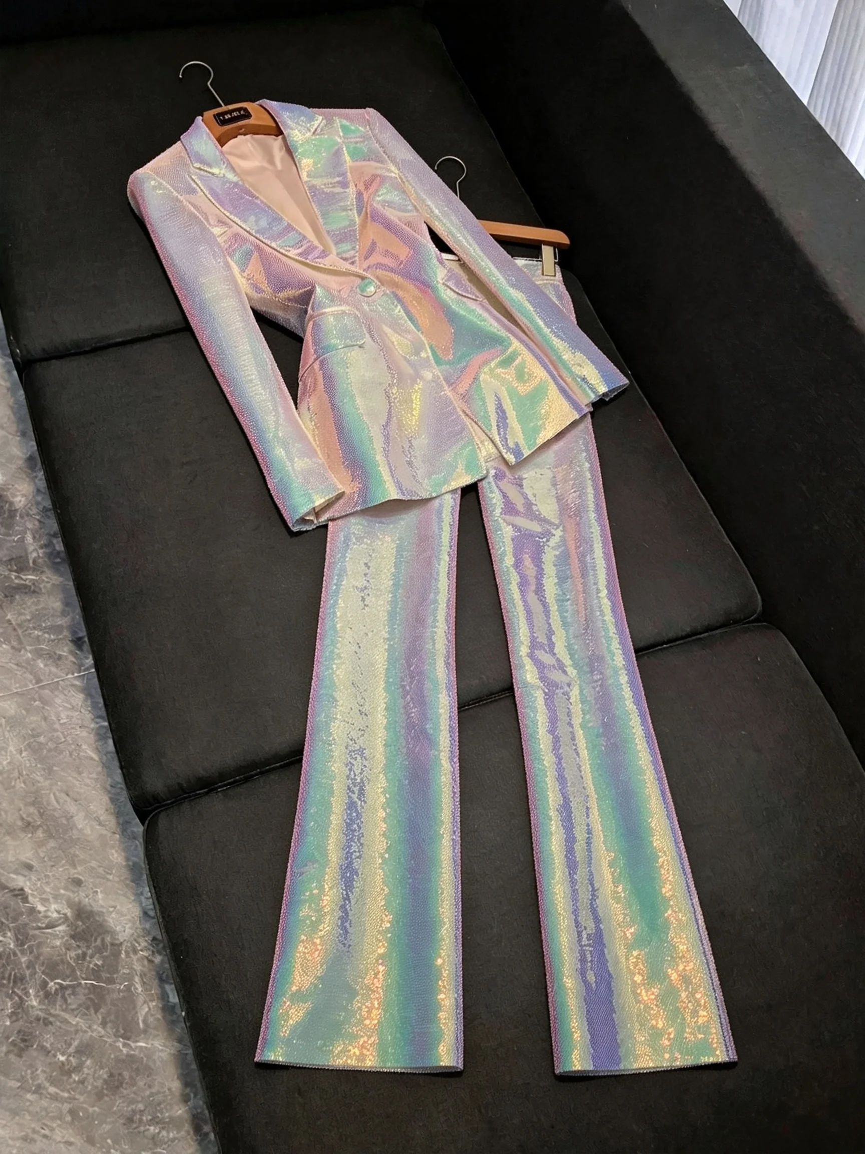 Bling Sequin Suit Set Summer 2026 Women's Workwear Two-Piece Set Elegance Professional Fashionable Long Sleeve Button up