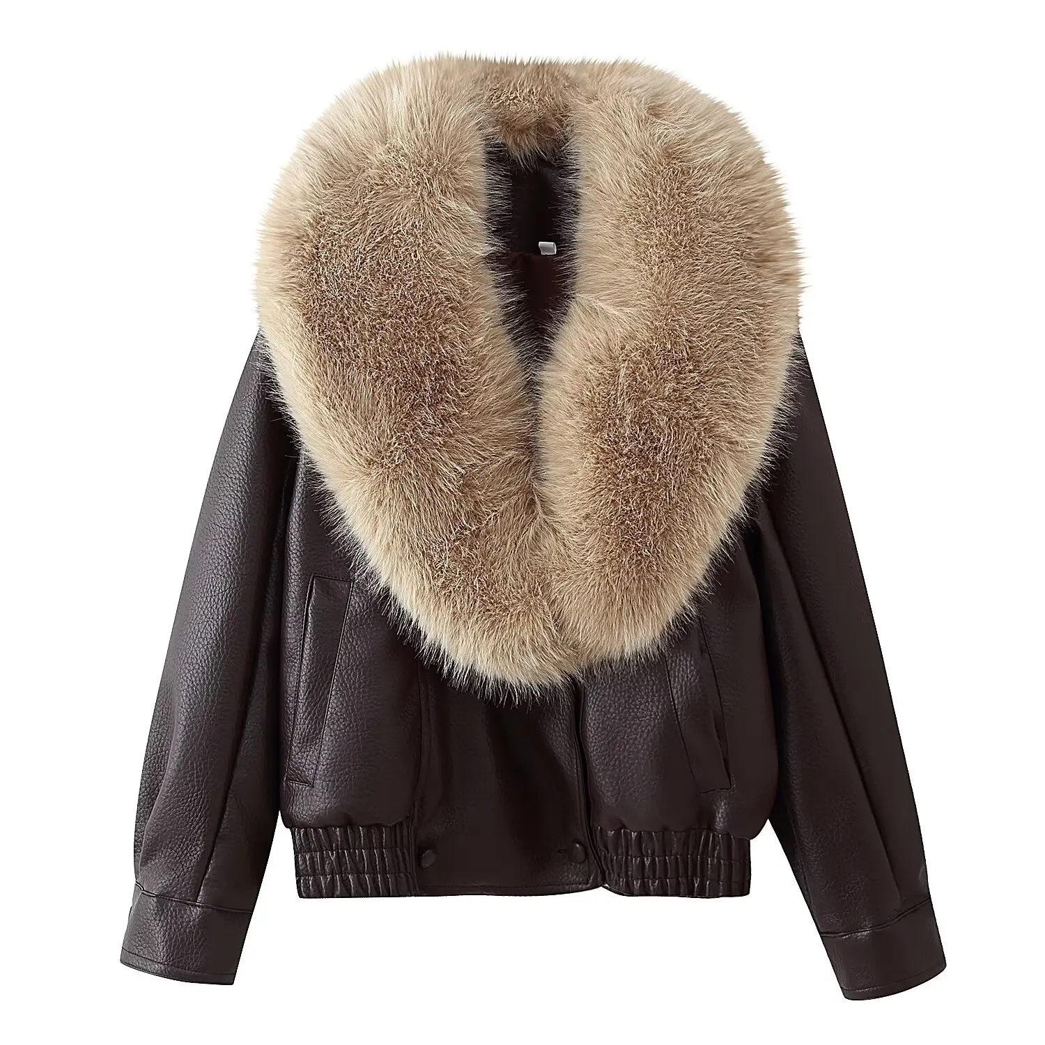 Jaqueta Feminina Solta de Couro Sintético Outono Inverno Nova Moda Feminina Casaco Casual com Gola Grande de Pelo Estilo High Street Transpassado