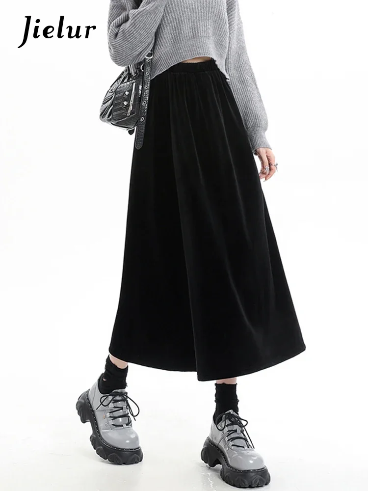 

Jielur Solid Color Simple Basic A-line Skirt Female Fashion Street Black Women Skirt Korean High Waist Loose Chicly Woman Skirt