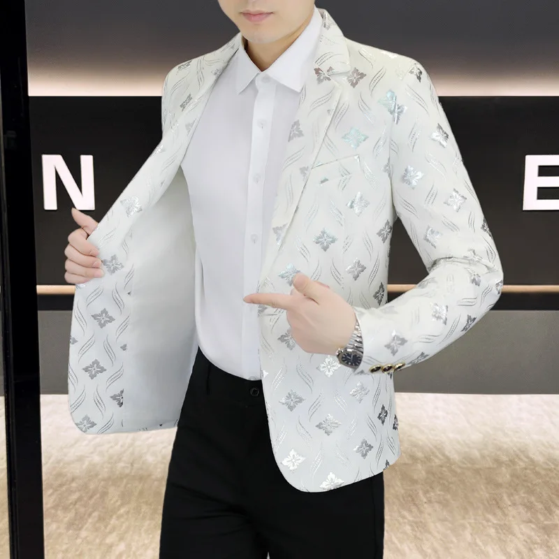 

2025: мужской осенний тонкий повседневный блейзер с модным звездным бронзовым принтом