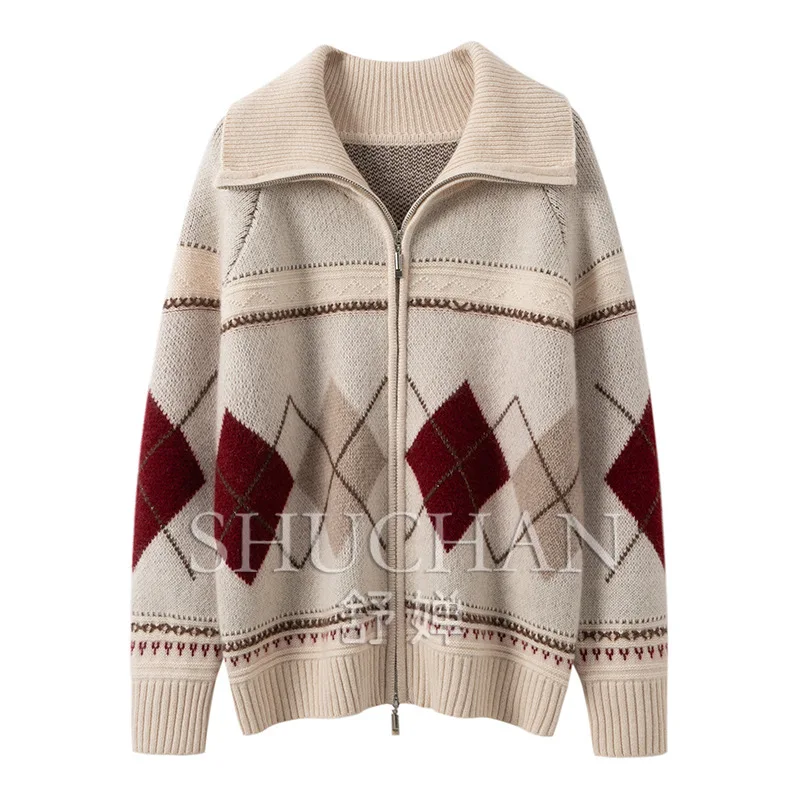 Fair Island Jacquard 650g 35% Cashmere Women's Autumn and Winter Thickened Loose Lazy Wind Knitted Jacket Soft Waxy Top