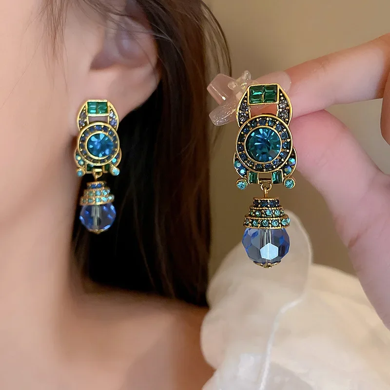 Vintage Blue Water Drop Crystal Clips Earrings for Women Round Rhinestones Ear Clips French Retro Dedicate Party Jewelry Gifts F