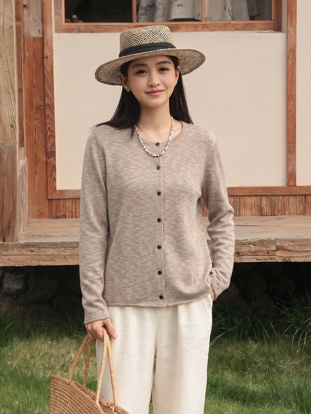 

Casual Cotton Linen Knitted Open Cardigan Women's Spring 2026 Lightweight Classic Style Age-Defying Outerwear FSY60200