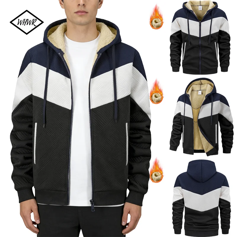 

Men's Winter Fleece Thermal Jackets for Men Fleecec Lined Hoodies Warm Thicken Jacket Outerwear Male Patchwork Color Sweatshirts