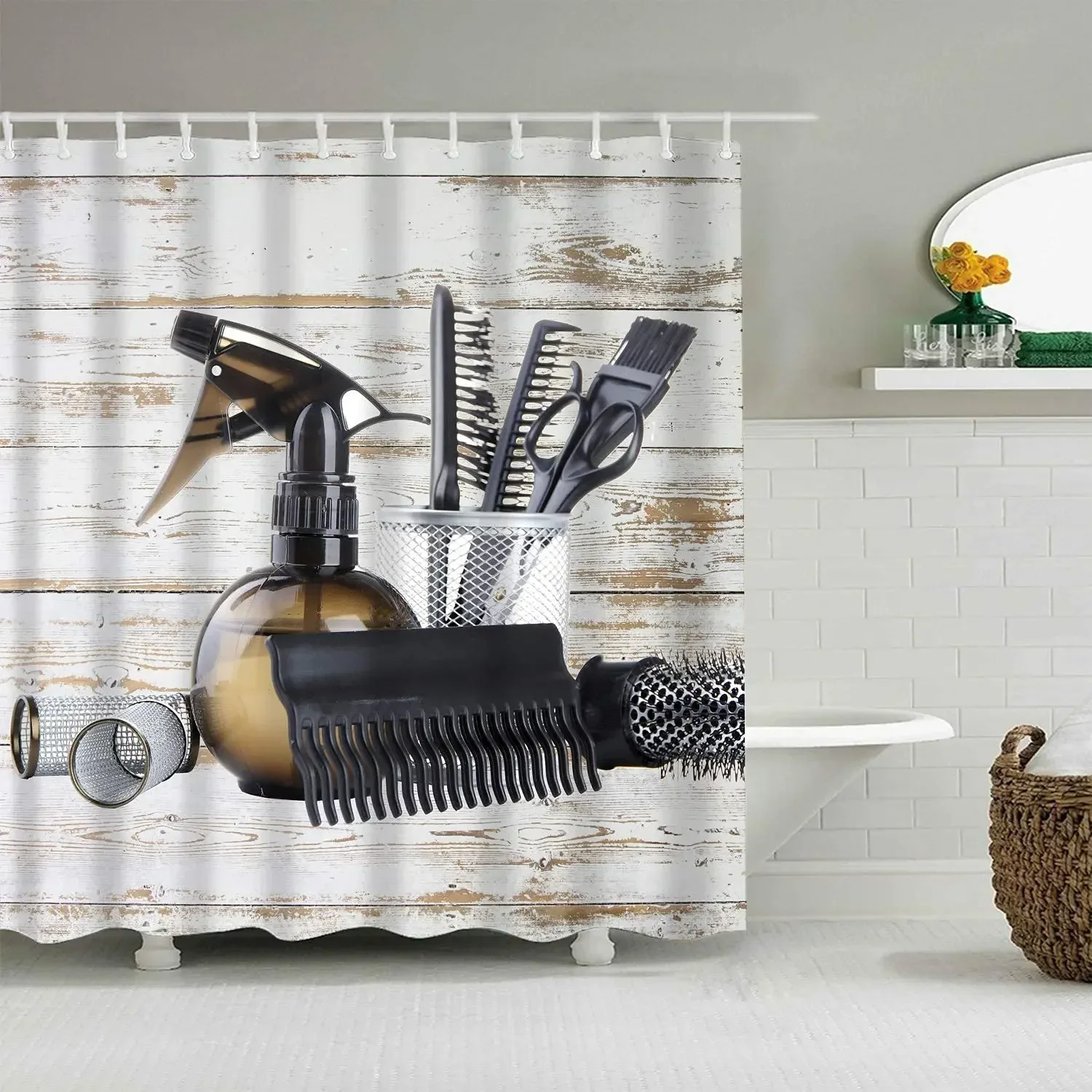 Barbershop Set di tende da doccia in tessuto barbiere con distintivo Vintage Tartan taglio barba Gentleman Graphic Grooming Screen decorazione del bagno